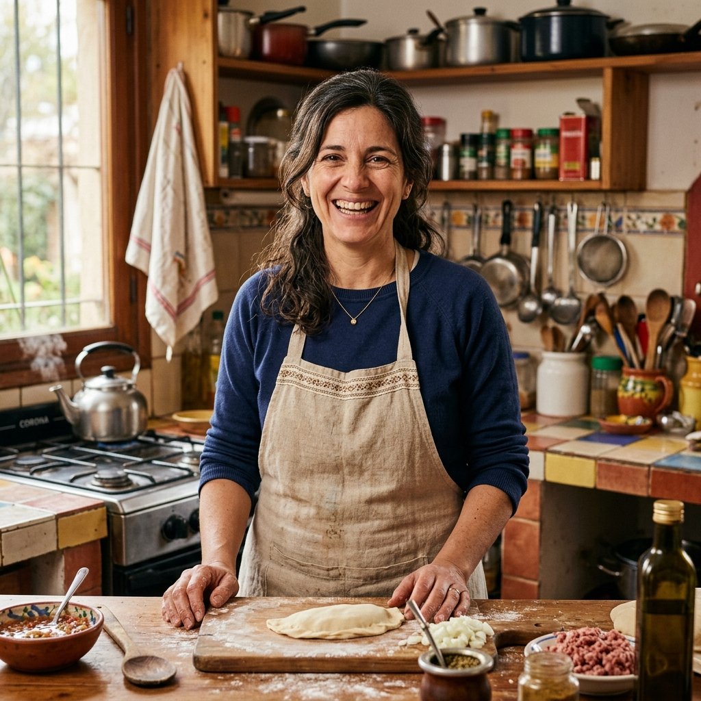 Cocinera argentina sonriente preparando empanadas en su cocina