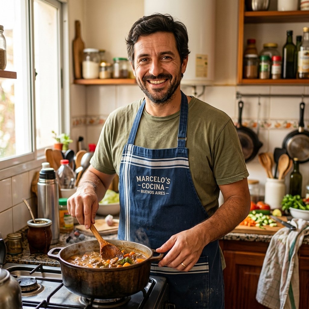 Cocinero argentino preparando un guiso tradicional en su cocina