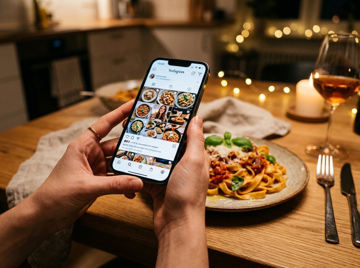 Persona disfrutando de comida casera y calificando a su cocinero desde el celular